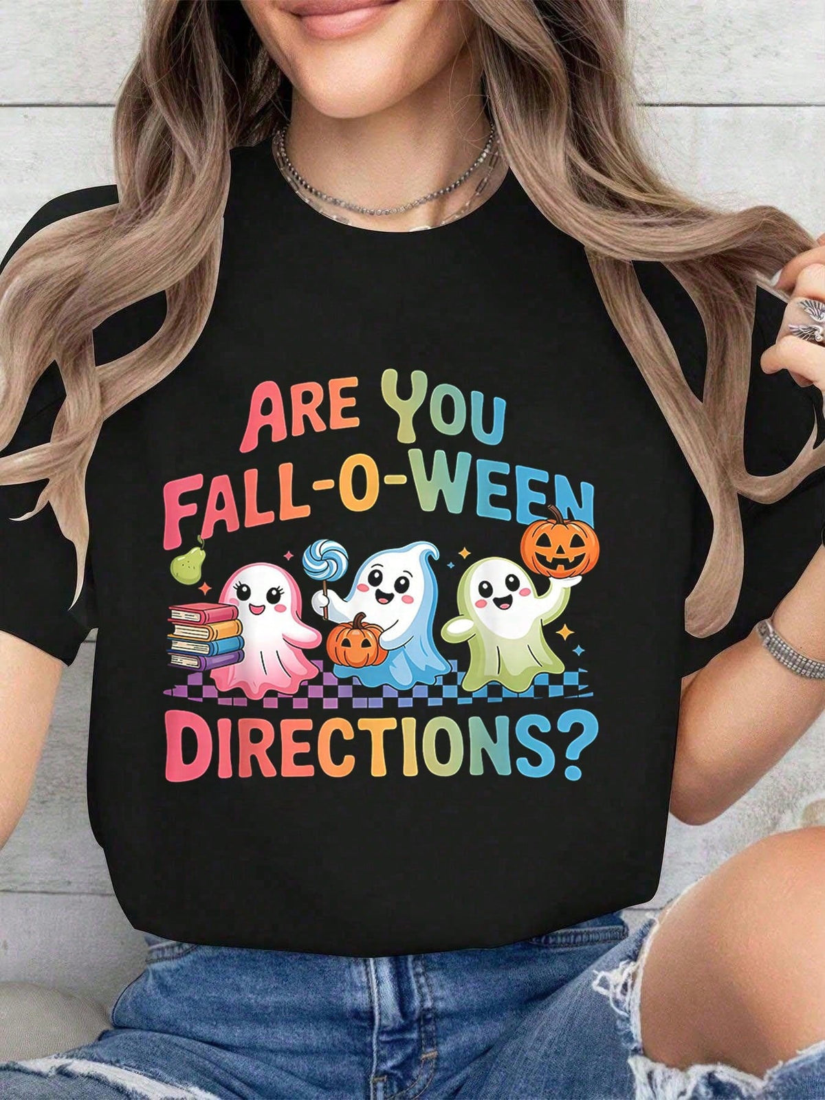 Halloween Are You FallOWeen Directions Funny Ghost Pumpkin Halloween TShirt Women'Casual Short Sleeve Crew Neck T-Shirts