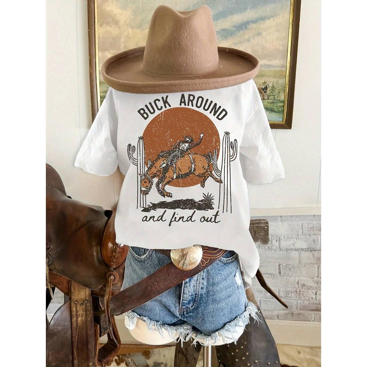 Women's Fun Western Quote T-Shirt "Bu Aro And Find Out" - Cowboy Hat Design With Cowboy Girl And Cactus Desert Pattern, Green Country Casual Shirt, Suitable For Country Music Festivals, Rodeos, And Daily Wear, All-Season Machine Washable Comfortable