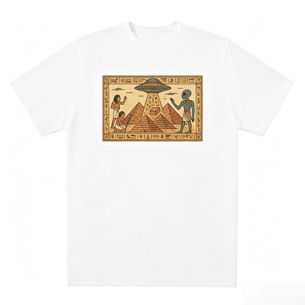 Women's Vintage Graphic Cotton T-Shirt with Ancient Alien UFO Pyramid Print, Casual Short Sleeve Top, Shortsleeve, Elegant, Style, Comfortable, Breathable, Crew Neck, Sports, Digital Print, Pull On, Striped, Women's Clothes, Casual Wear, Pure Cotton