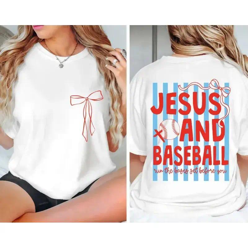 2 Sides Jesus and Baseball T-shirt, Christian Baseball Coquette T-shirt, Baseball Mom T-shirt, Trendy Preppy Christian Graphic