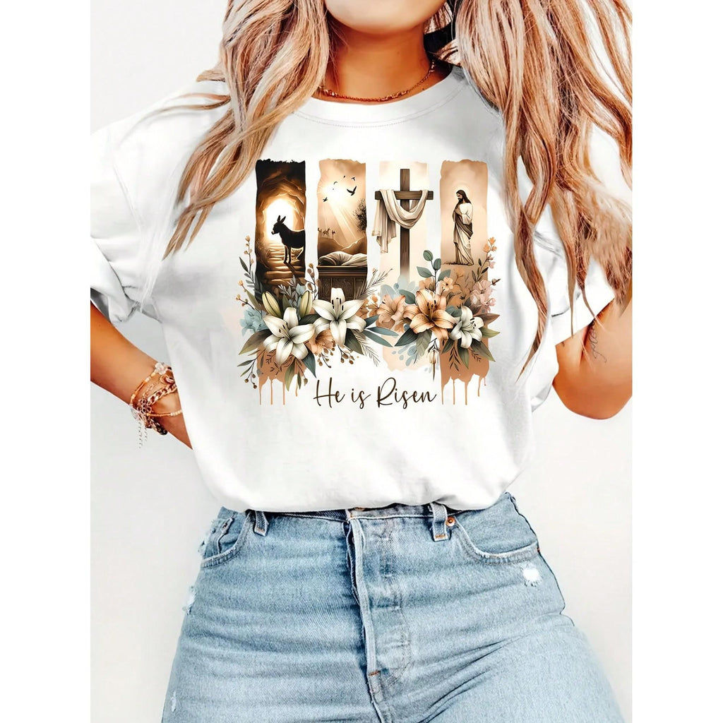 Easter Religious Theme T-Shirt | Women‘s Spring Summer Casual Tee | Cross Printed Round Neck Short Sleeve | Soft Breathable Cotton Top | Easter Gift