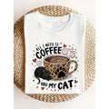 Black Cat Leopard Print Coffee Cup, Summer Casual Short-sleeved T-shirt, Stretch Medium Weight Fabric, Machine Washable,, Opaque Material, Loose Fit