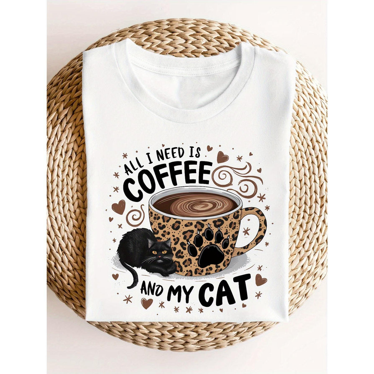 Black Cat Leopard Print Coffee Cup, Summer Casual Short-sleeved T-shirt, Stretch Medium Weight Fabric, Machine Washable,, Opaque Material, Loose Fit