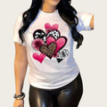 Stylish Heart Print Women's Casual T-Shirt - Comfortable Crew Neck, Short Sleeve, Knit Fabric, White with Leopard & Floral Heart Design