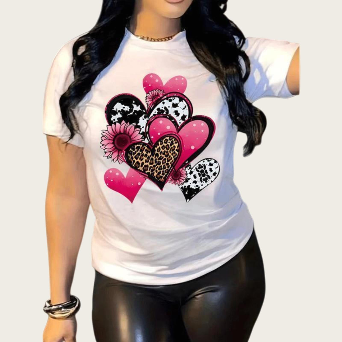Stylish Heart Print Women's Casual T-Shirt - Comfortable Crew Neck, Short Sleeve, Knit Fabric, White with Leopard & Floral Heart Design