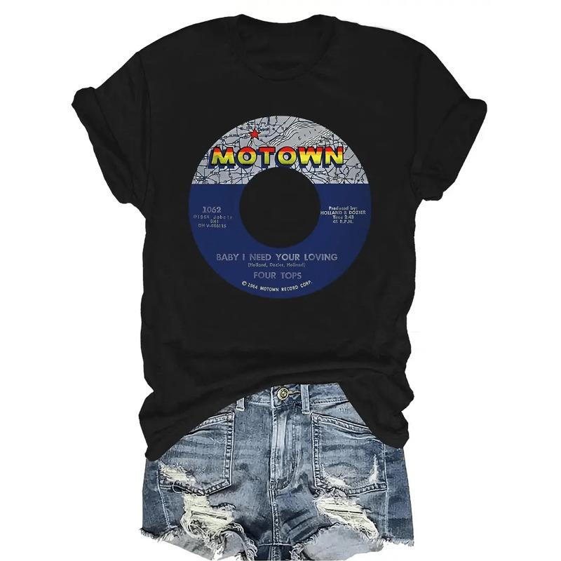 Motown Vinyl Records Summer Simple Pattern T-Shirt, Casual Crew Neck, Fit, Short Sleeves, Breathable Fabric, Versatile Top, Suitable for Teens and Adults