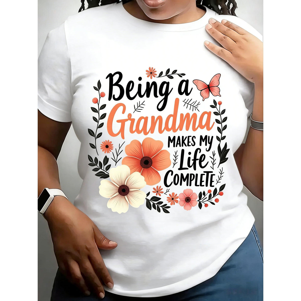 Women's Being A GRANDMA Graphic Print T-Shirt - Short Sleeve Crew Neck Casual Top With Floral & Butterfly Design, Soft Grey Relaxed Fit, Machine Washable All-Season Comfort, Grandma Shirts, Com