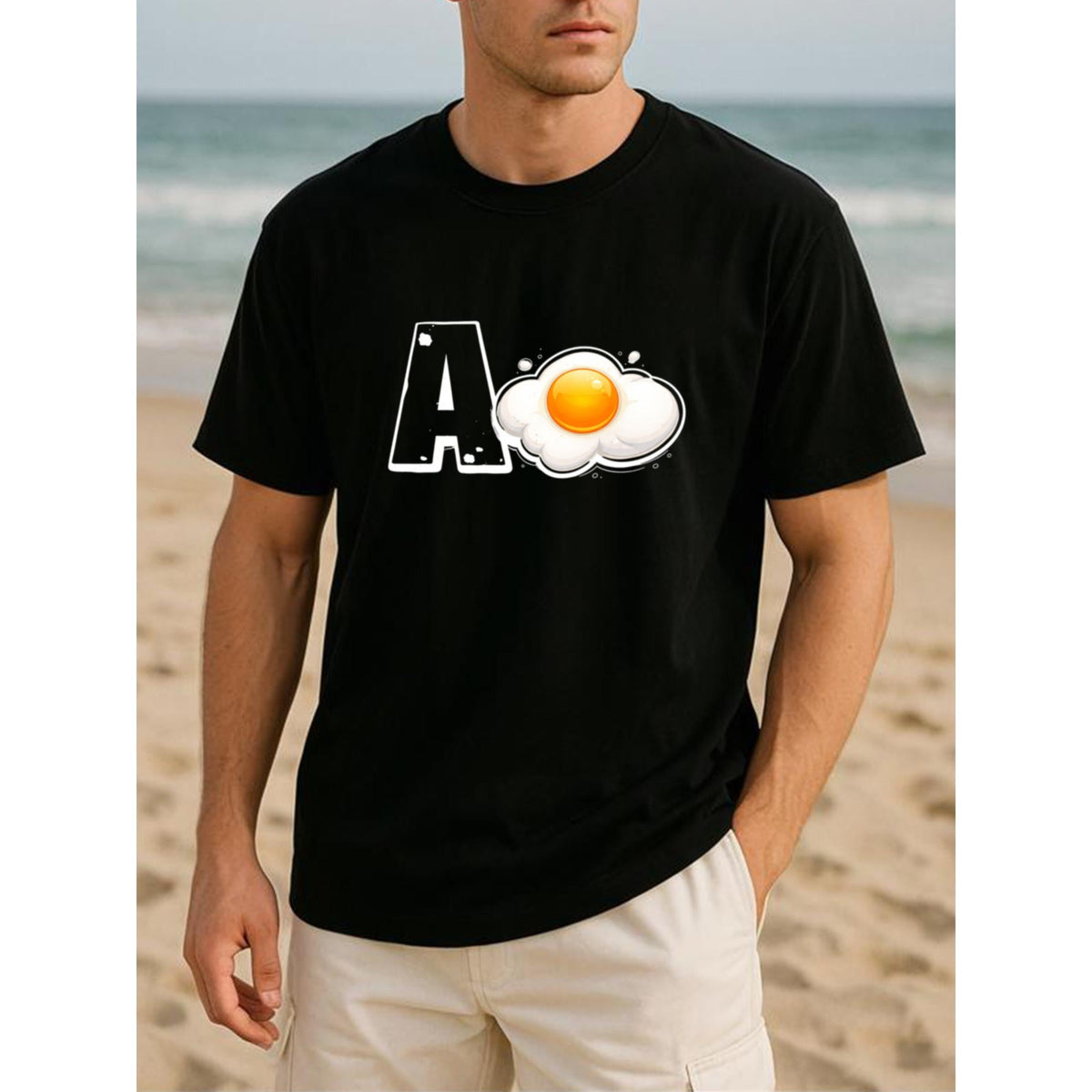 Men's Scrambled Egg Logo Short-Sleeve Round-Neck T-Shirt - Minimalist, Preppy, Breathable, Lightweight, Versatile Menswear Casual Top for Daily, Home Wear