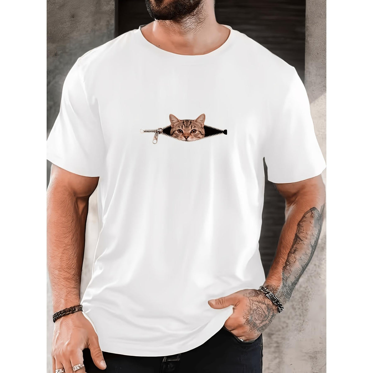 Men'S Casual Sports Fashion Short Sleeve T-Shirt, Trendy Visual Small Cat Pattern Print, Suitable for Sports, Travel, Casual Daily Wear – Round Neck Fabric Graphic Tee