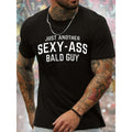 Bald Guy Print Men's Crew Neck Fashionable Short Sleeve Sports T-shirt, Comfortable And Versatile, For Summer And Spring, Athletic Style, Comfort Fit T-Shirt, As Gifts