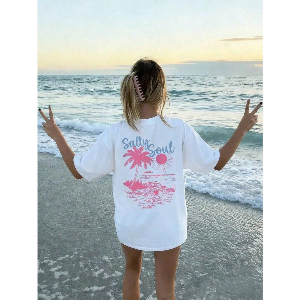2026 Summer ShirtSALTY SOUL Women's Spring/Summer New Coconut Tree & Sunshine Print Casual Round Neck Short Sleeve T-Shirt, Fashion Versatile, Essential Daily & Vacation Wear. Vacation Printed T-Shirt For WomenLoose And Comfortablesummer Tops