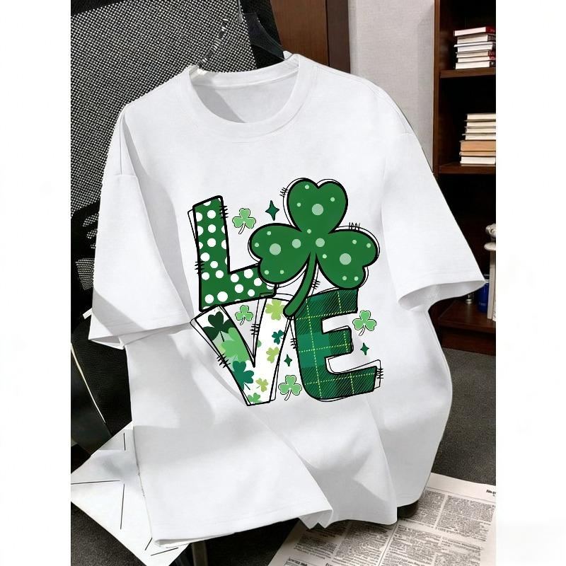 Girls' Casual Four-Leaf Clover Print St. Patrick's Day Design Pullover Crew Neck Short Sleeve T-Shirt, New Spring/Summer Girls Clothing
