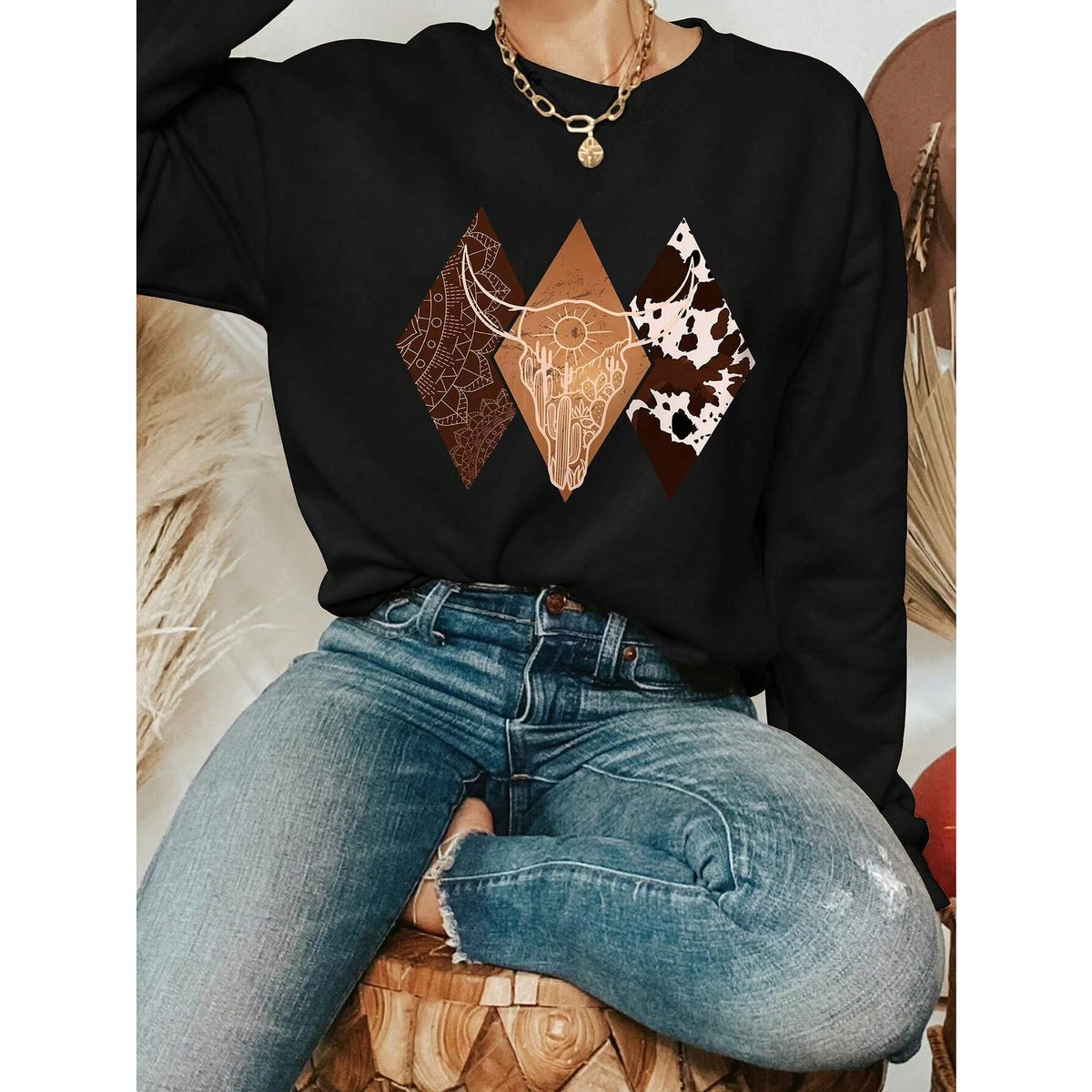 Women's Cow Head Printed Round Neck Sweatshirt Pullover Fall Outfit