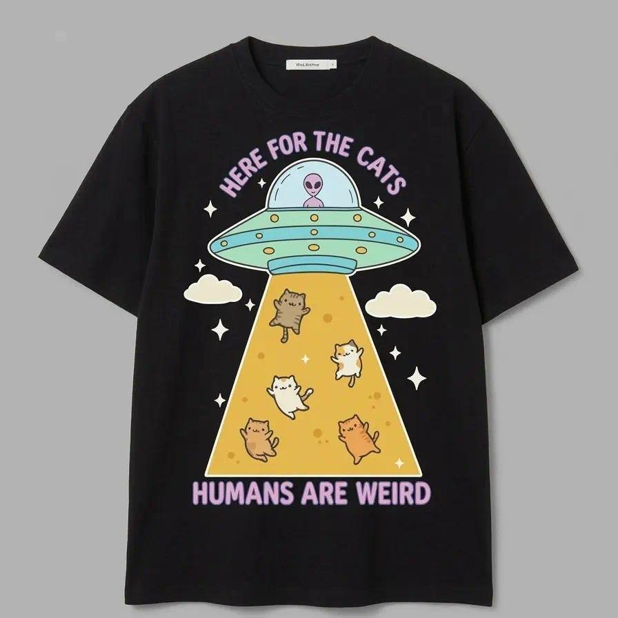 Round Neck Short-Sleeve Casual Stylish Trendy T-Shirt, Funny Vintage Cartoon Alien  Graphic, Retro Pastel Design, "Here for the Cats Humans Are Weird" Cat Lover Unisex Gift Top