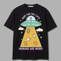 Round Neck Short-Sleeve Casual Stylish Trendy T-Shirt, Funny Vintage Cartoon Alien  Graphic, Retro Pastel Design, "Here for the Cats Humans Are Weird" Cat Lover Unisex Gift Top
