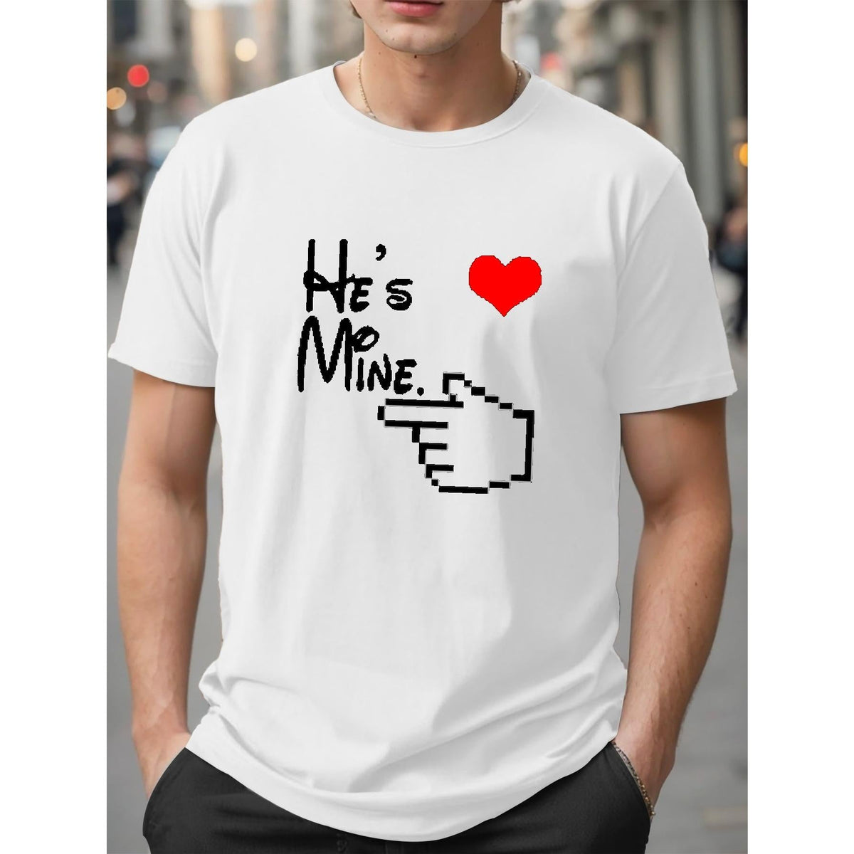 Valentine's Day He's Mine Print T-shirt, Men's Casual Street Style Stretch Round Neck Tee Shirt, Men's Clothing