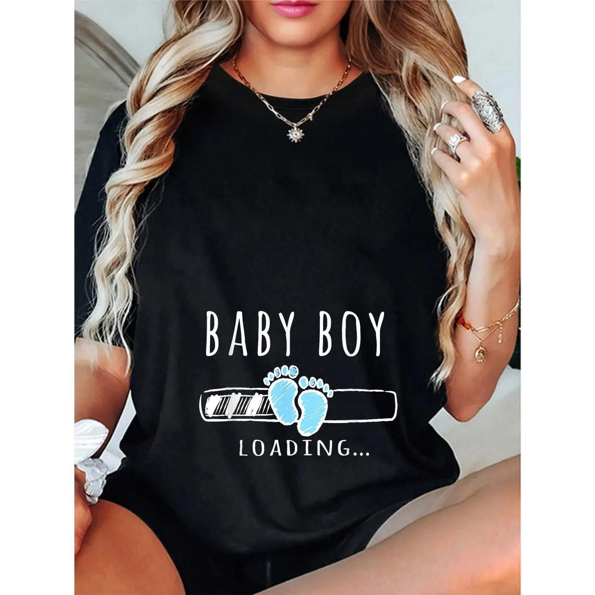 “Youngsters Loading” Pregnancy Announcement T-Shirt | Cute Footprint Graphic Tee | Casual Maternity Top for Women