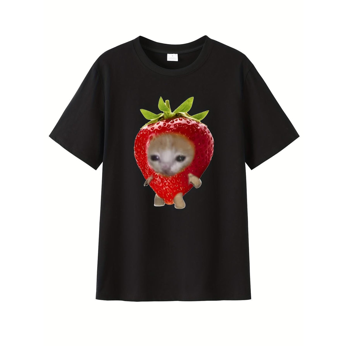 Cartoon Cute Strawberry Cat Sticker, Print Tee Shirt, Tees for Men, Casual Short Sleeve T-Shirt for Summer