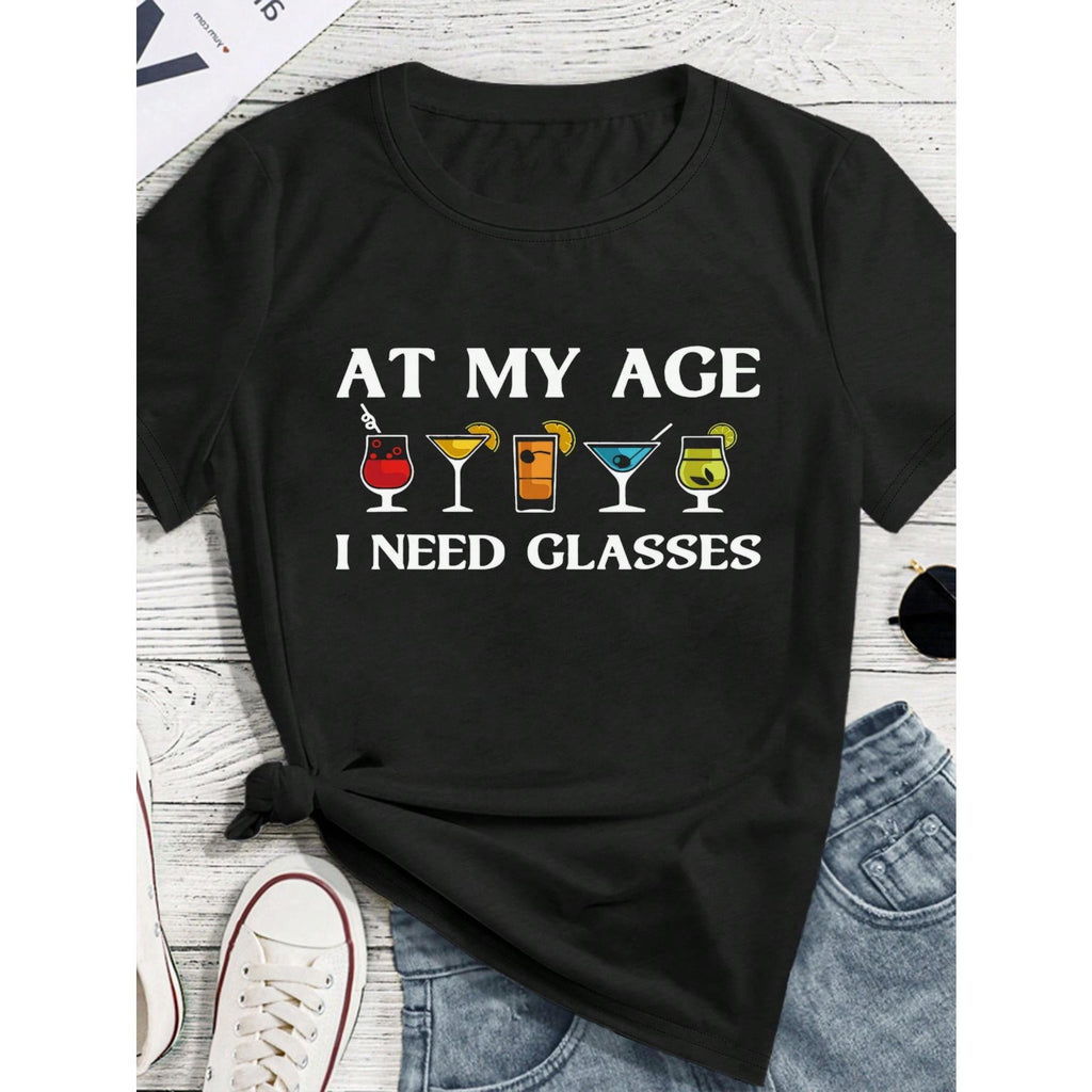 Fashionable Minimalist Wine Glass Print Casual Short Sleeve T-Shirt Graphic Tees Women Tops