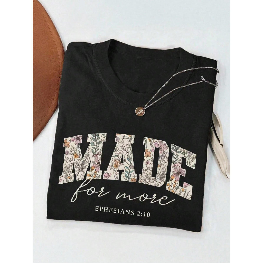 Women's Letter & Floral Print Casual Round Neck Short Sleeve T-Shirt, Summer
