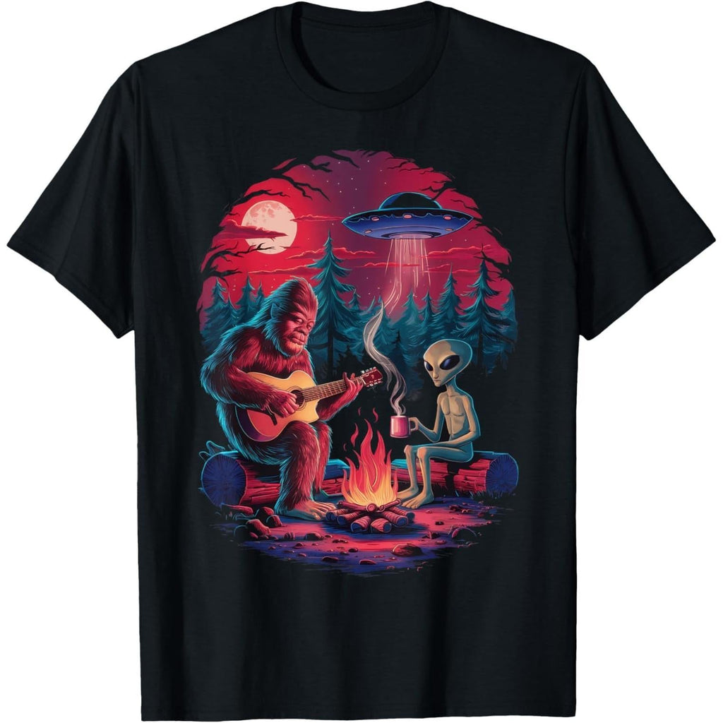 Alien and Bigfoot Campfire UFO Adventure Funny Hiking Unisex T-Shirt
