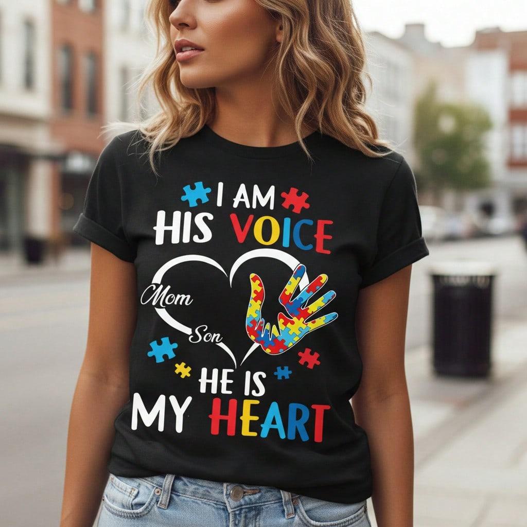 Autism Awareness Mom Son Print Cotton T-Shirt, S-5XL, Short Sleeve O-Neck Casual Tee, "I Am His Voice He Is My Heart" Graphic Top, Mother's Day Gift, Rainbow Puzzle Piece Design, Soft Comfortable Basic Shirt For Daily Wear