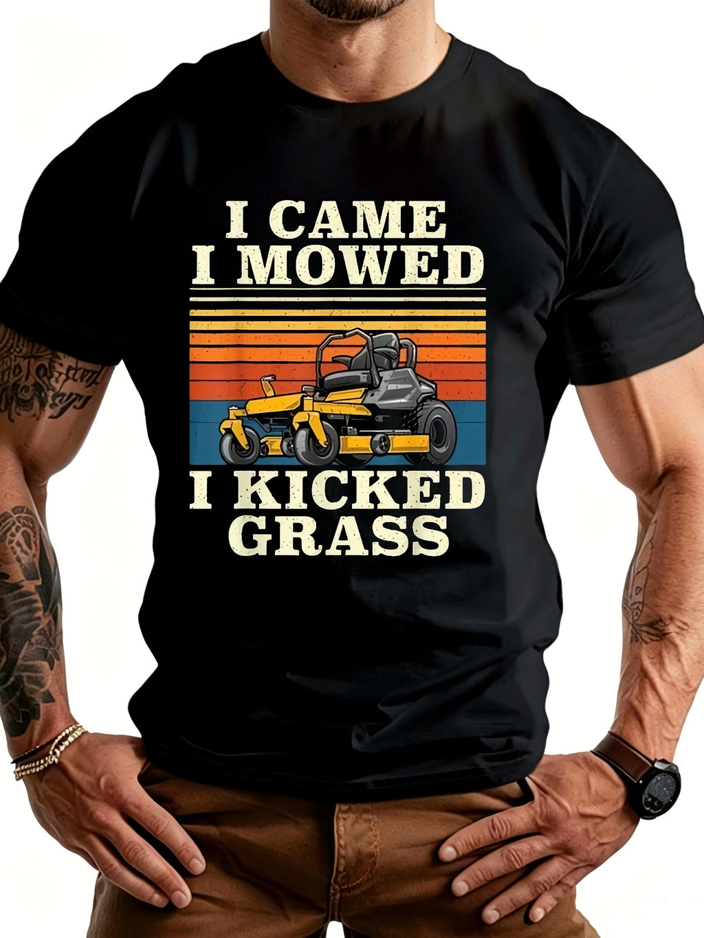 Funny Lawn Mower Graphic T‑Shirt, Retro Vintage Short Sleeve Crewneck Tee for Men, Lawn Care Gift