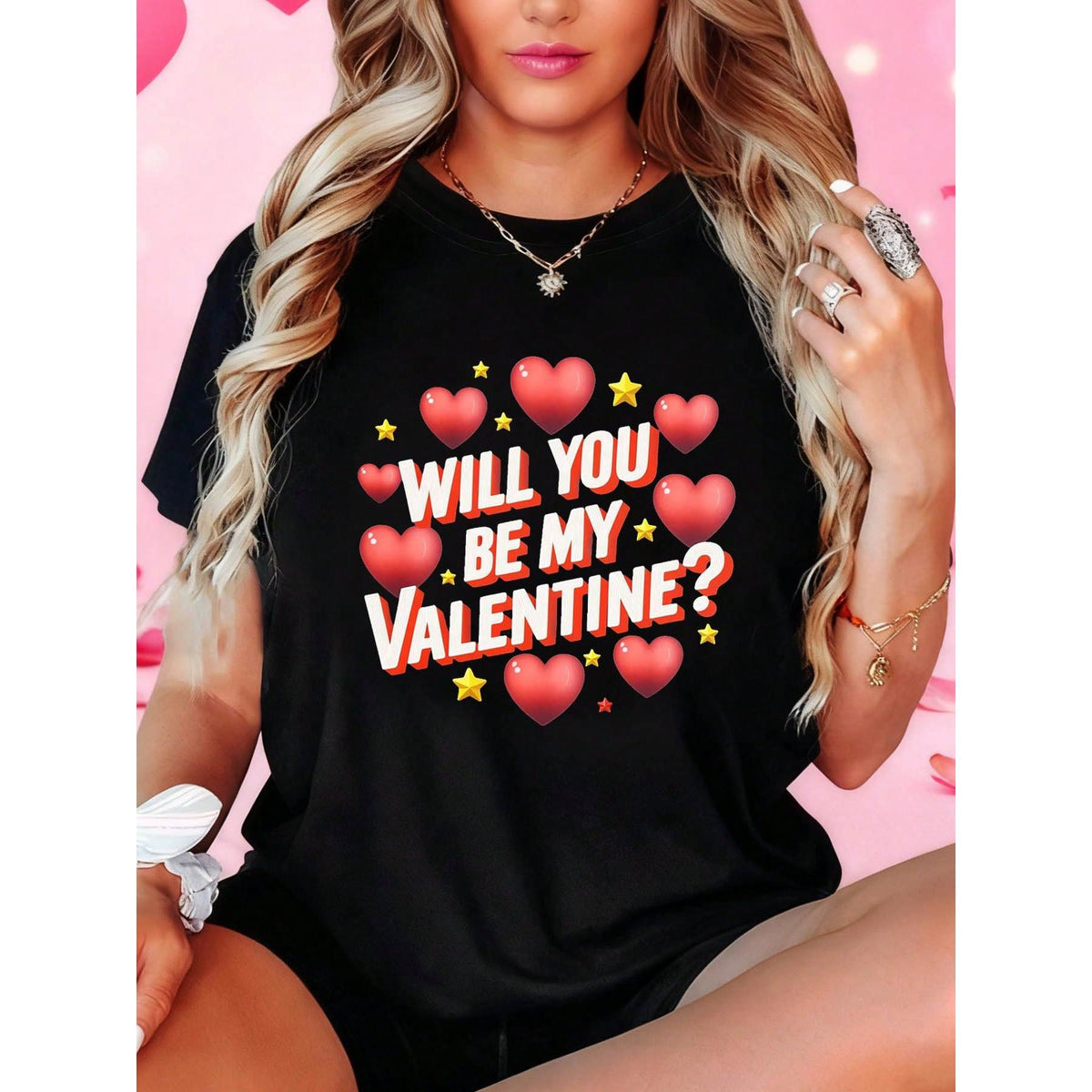 Women's Plus Size Elegant T-Shirt Tops, Casual Short-Sleeve Crew Neck with Valentine's Day Heart & Star Graphic, Ideal Gift for Girlfriend
