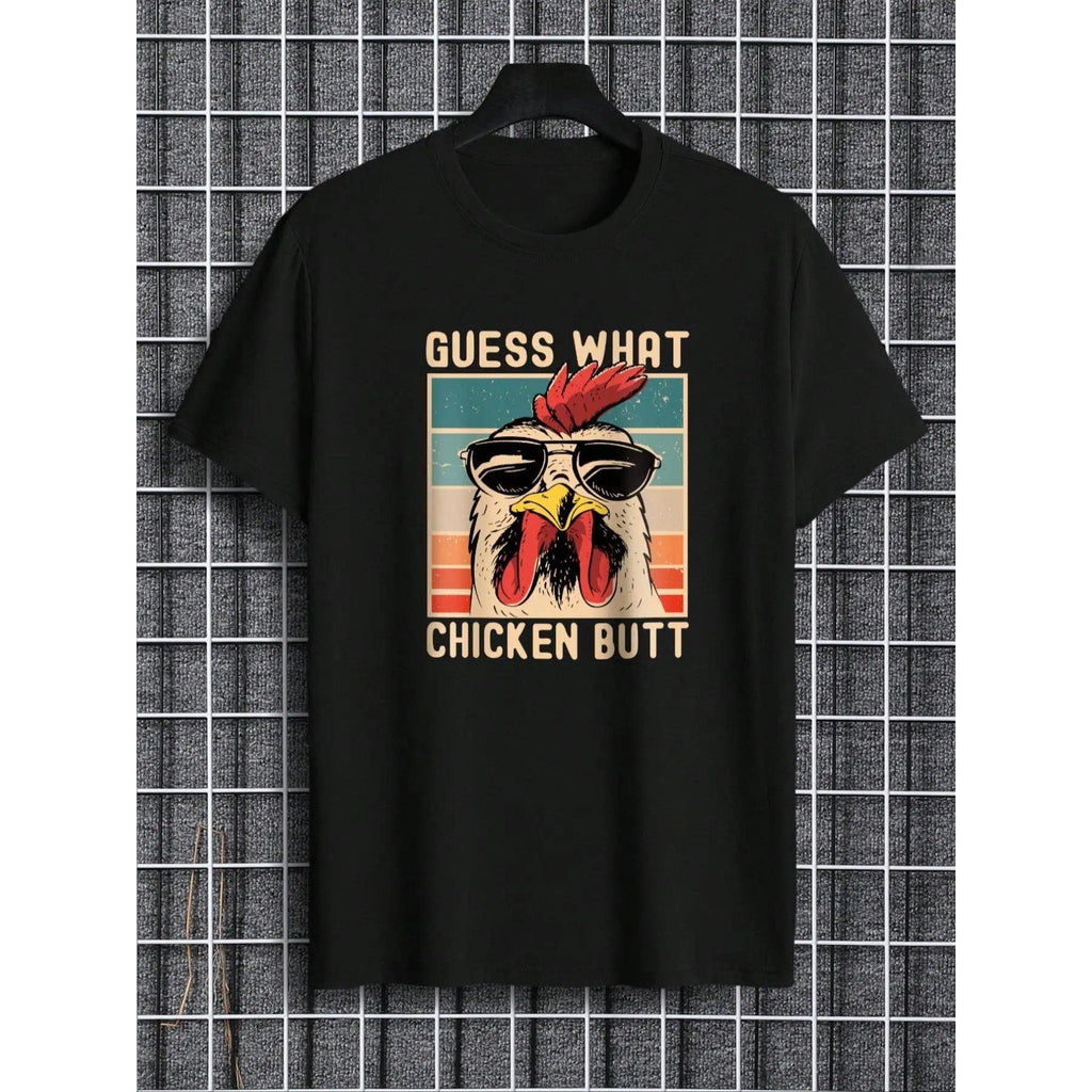 Men's Regular Fit Letter & Chicken Print Round Neck Tee, Summer Clothes Casual Soft Comfortable Short Sleeve T-shirt For Daily Wear, Men's Top For Summer, Casual Matching Clothing