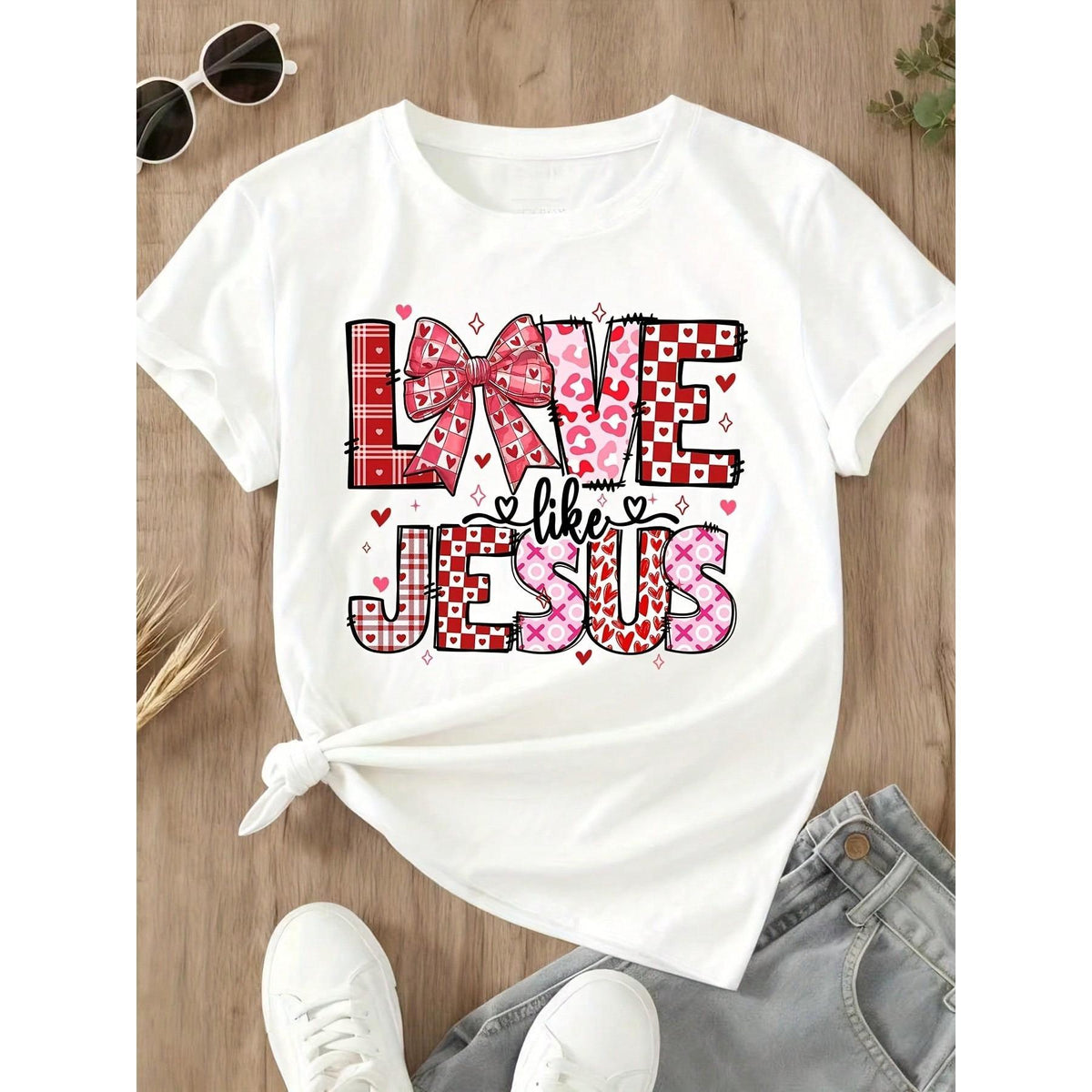 Love Like Jesus Valentine Shirt Women Red Plaid Heart Pattern Christian Tshirt For Women Faith Inspired Valentine Day Gift Top