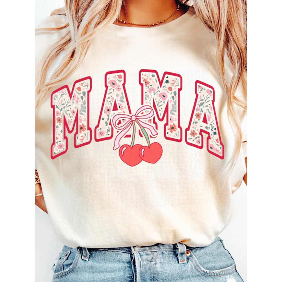 Cherry Bow Mama PNG, Mom Png, Feminine Girl Aesthetic Shirt Sublimation Design, Mother's Day Girl Ribbon Round Neck Women's Printed T-Shirt