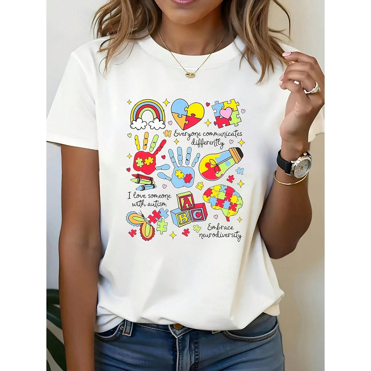 Women's Printed Short-Sleeve T-Shirt - Everyone Communicates Differently, Autism Mom Speech Pathologist, Regular Fit Casual Round Neck Top, Machine Washable For Spring, Summer, And Autumn, SpringSummer Printed T-Shirt