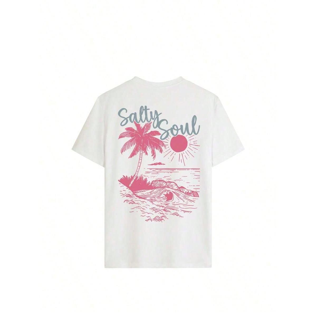 2026 Summer ShirtSALTY SOUL Women's Spring/Summer New Coconut Tree & Sunshine Print Casual Round Neck Short Sleeve T-Shirt, Fashion Versatile, Essential Daily & Vacation Wear. Vacation Printed T-Shirt For WomenLoose And Comfortablesummer Tops