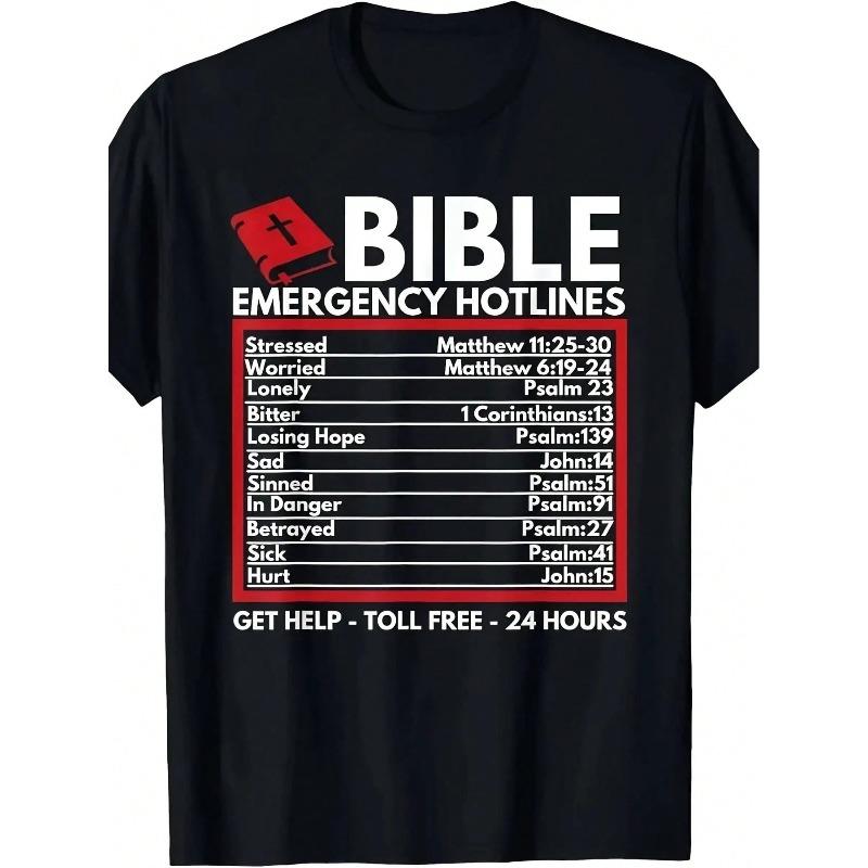 Bible Emergency Hotlines - Funny Christian Bible And Jesus T-Shirt For Men, Black With White & Red Text, 24-Hour Support Design, Casual Crew Neck Tee, Summer Wear, Casual Occasion, Casual Wear Tee| Playful Bible Design| Comfortable Fit, Bible Apparel