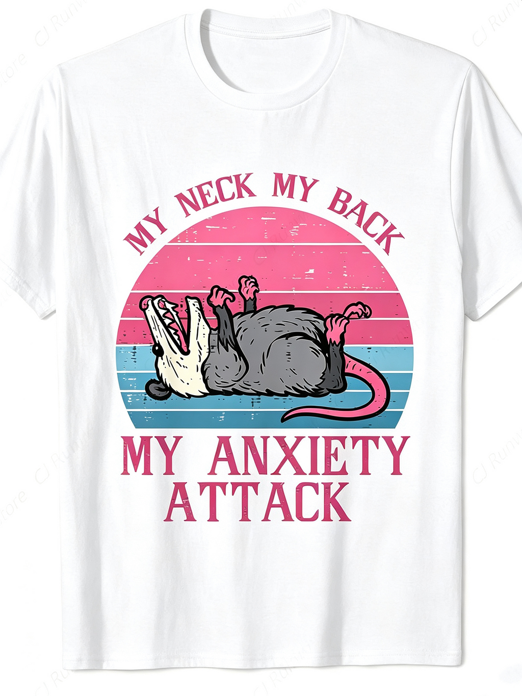 Funny Retro Anxiety Opossum Graphic T‑Shirt, Vintage Sunset Short Sleeve Unisex Crewneck Tee