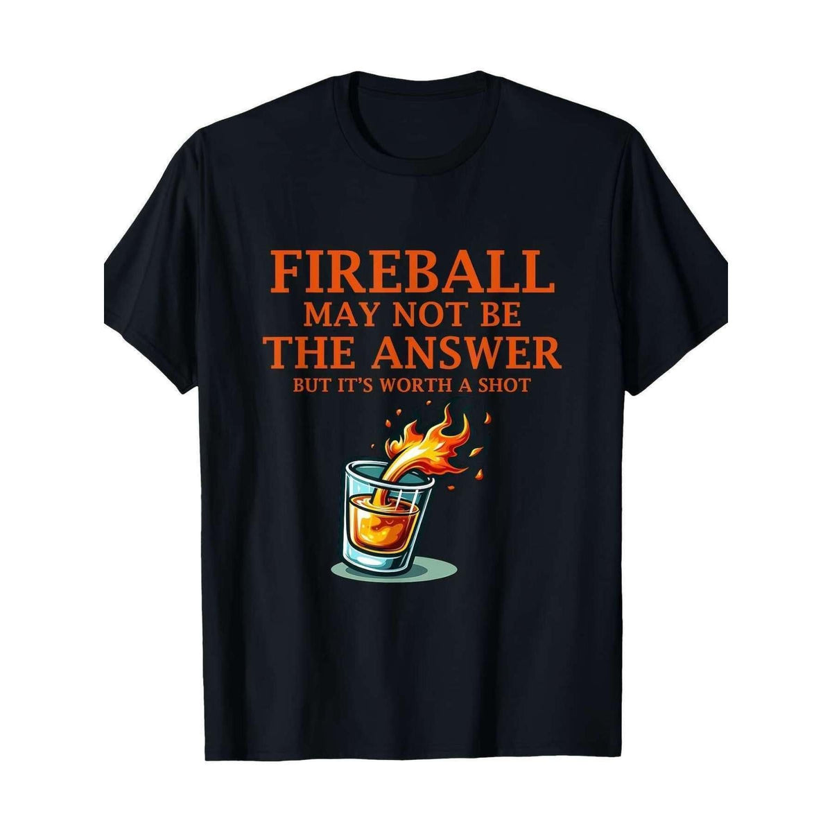 Men's "Fireball May Not Be The Answer" Graphic Cotton T-Shirt - Casual, Breathable and Machine Washable, Perfect for All Seasons, Black with Orange Flame Design