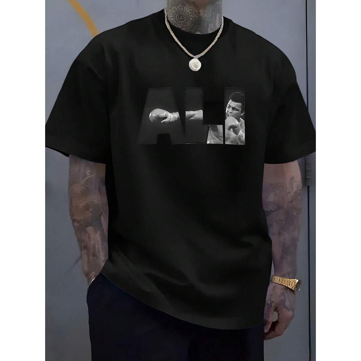Boxing Champion Ali, Poster Pattern Printed Short Sleeved Round Neck T-Shirt