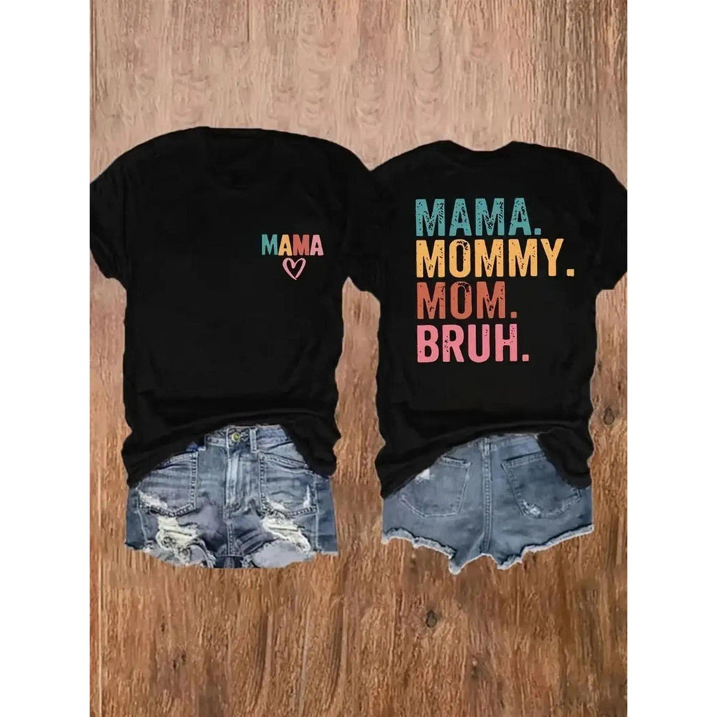 Cartoon Mama Mommy Mom Bruh Print Round Neck Tee, Fashion Casual Crew Neck Short Sleeve T-shirt for Daily Home Wear, Ladies Sleepwear for All Seasons, Top