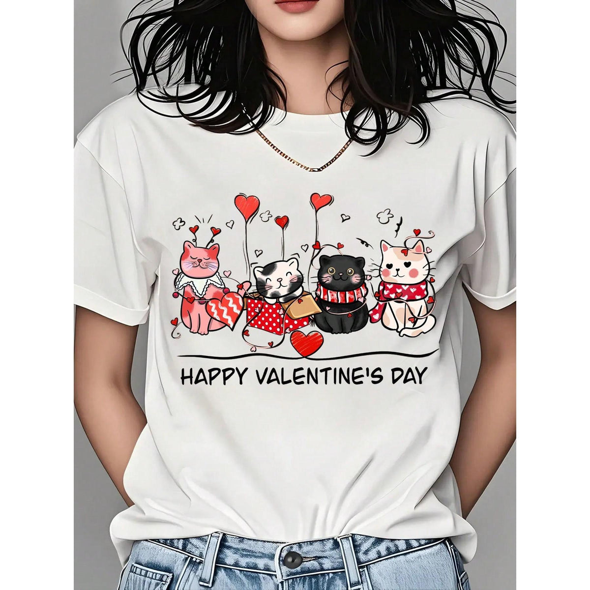 Cute Cats Valentine's Day T-Shirt For Women - Happy Valentine's Day Cartoon Cat Design With Hearts And Love Balloons - Perfect Gift For Valentine's Day, Romantic Holiday Wear