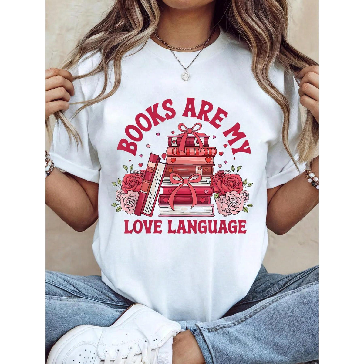 Books Are My Love Language Valentine Book Club Bookish Women T-Shirt Casual Crew Neck Short Sleeve Comfort Tee Top For Spring & Summer Women's Clothing