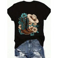 Women's Western-Style T-Shirt With Boots, Hat, And Floral Print, Loose Fit, Round Neck, Short Sleeves, Spring-Summer Casual.