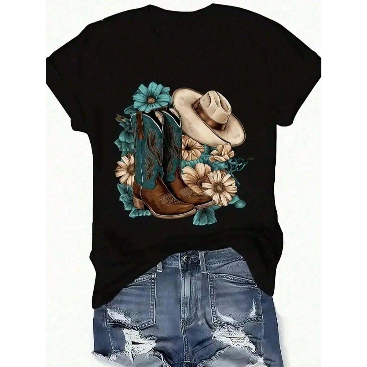 Women's Western-Style T-Shirt With Boots, Hat, And Floral Print, Loose Fit, Round Neck, Short Sleeves, Spring-Summer Casual.