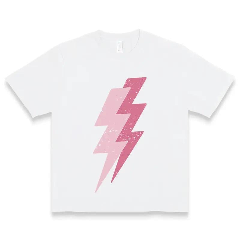 Pink Lightning Bolt T-Shirt, Trendy Soft Cotton Graphic Tee for Women, Retro 80s TShirt Y2k 90s Vintage Shirt,Casual Short Sleeve Crew Neck T-Shirt