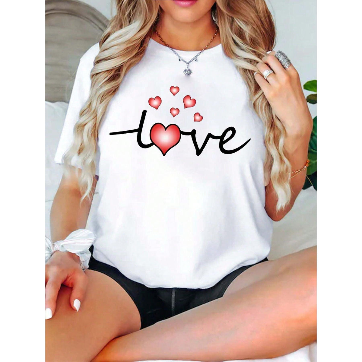 Valentine'S Day Theme Heart Graphic Print Women's-Shirt, Women'S Valentine'S Day Casual, Fashionable, Comfortable, Soft, Athletic, Fitness, Daily, Outdoor, Indoor, Breathable, Crewneck Short Sleeve Top
