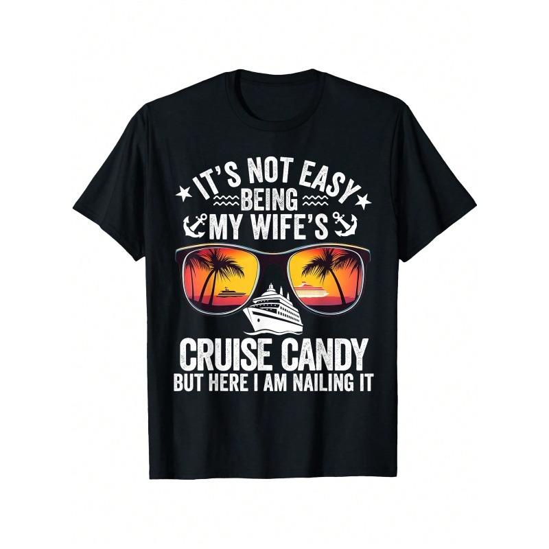 Men's "Cruise Candy" Graphic T-Shirt - Funny & Playful 100% Cotton Tee, Casual Round Neck Short Sleeve, Black With Colorful Cruise Ship & Palm Tree Design