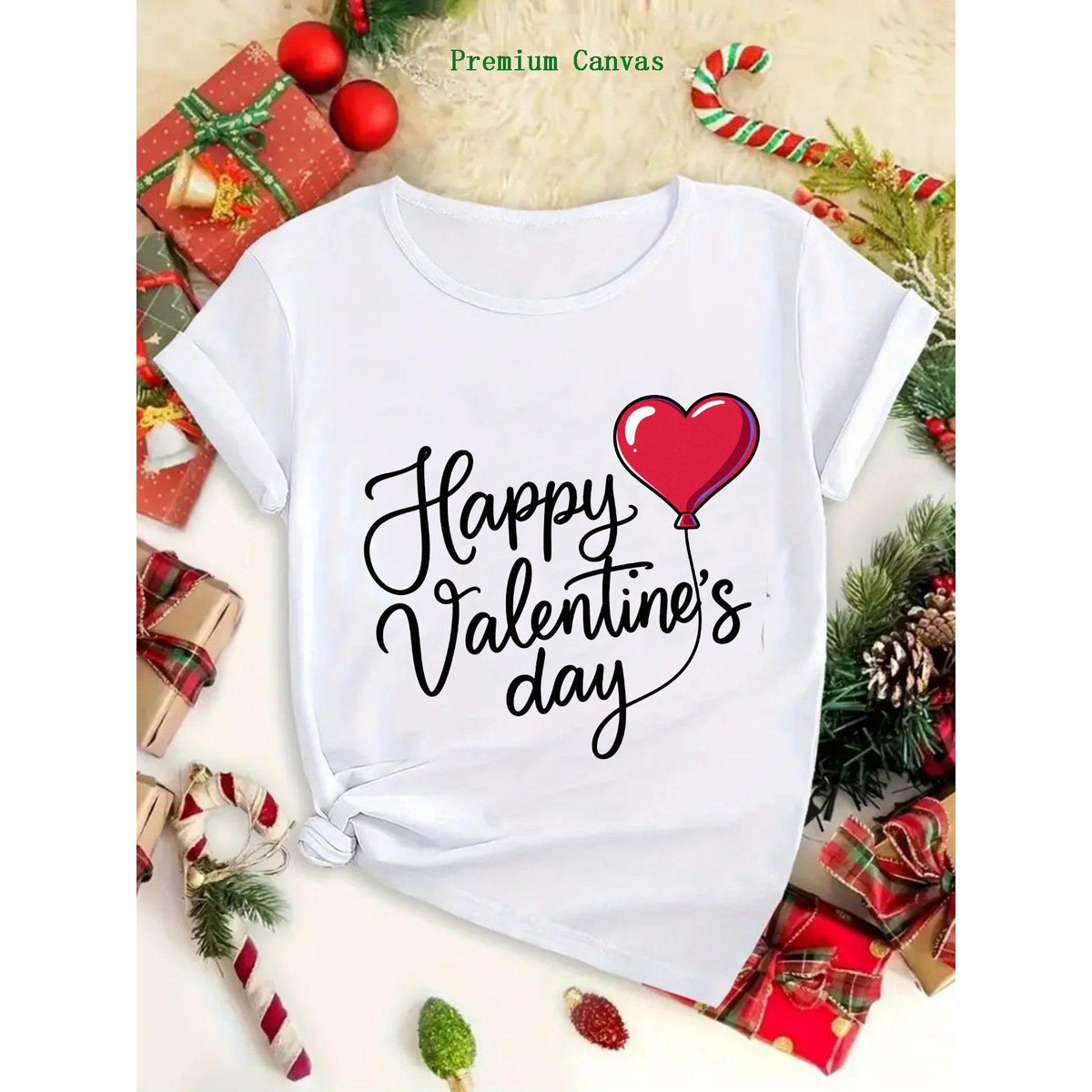 Women's Red Heart Balloon Valentine's Day T-Shirt - Short Sleeve Crew Neck Blouse with Rolled Sleeves, Lightweight Breathable Party Outfit, Casual H-Line Loose Fit for Fall/Winter, Gift for Her (Machine Washable)