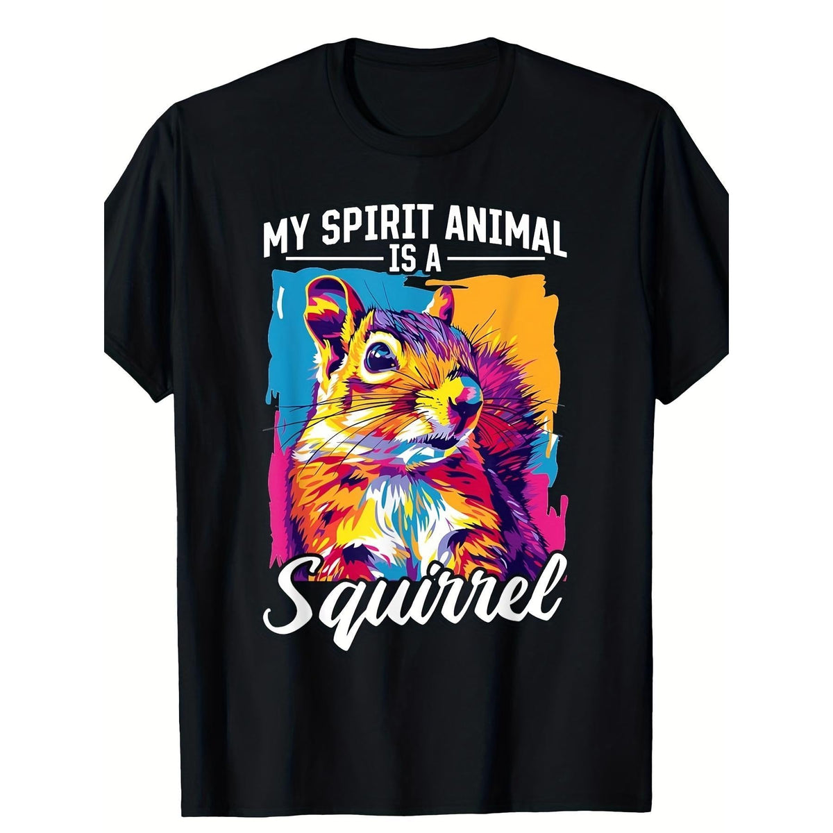 Men'S Funny Squirrel Spirit Animal Graphic T-Shirt - 100% Retro Bold "My Spirit Animal Is A Squirrel" Print with Color Splash Design, Glossy Finish Crew Neck Short Sleeve Tee for Casual, Parties, Beach & Outdoor Activities - All-Season Comfortable
