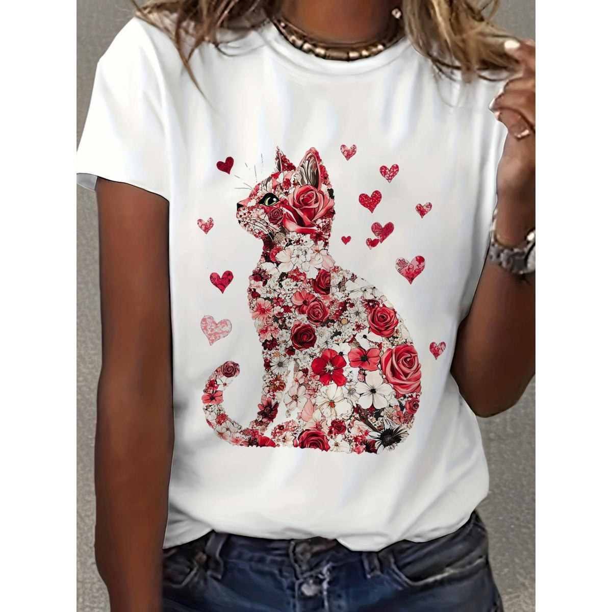 Women'S Valentine'S Day Love Cat Graphic T-Shirt - Short Sleeve Crew Neck Casual Top with Red & White Floral Cat Design, Perfect for Spring & Summer, Spring Casual Wear | Playful Graphic Tee | Glossy Fabric Shir