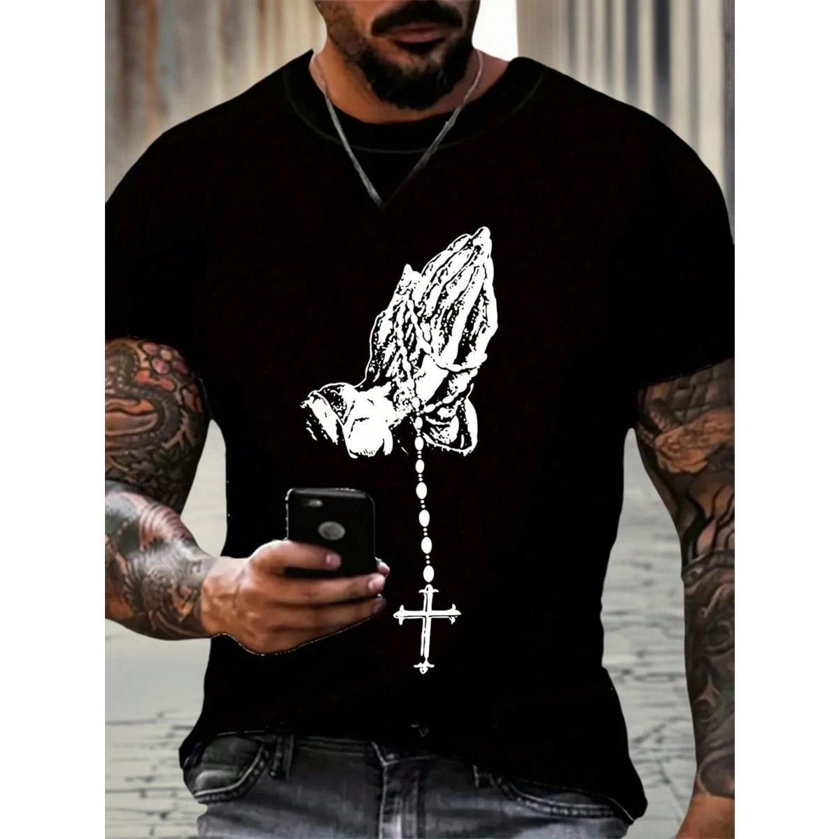 Men's Prayer Hand Gesture & Cross Print Short Sleeve T-Shirt