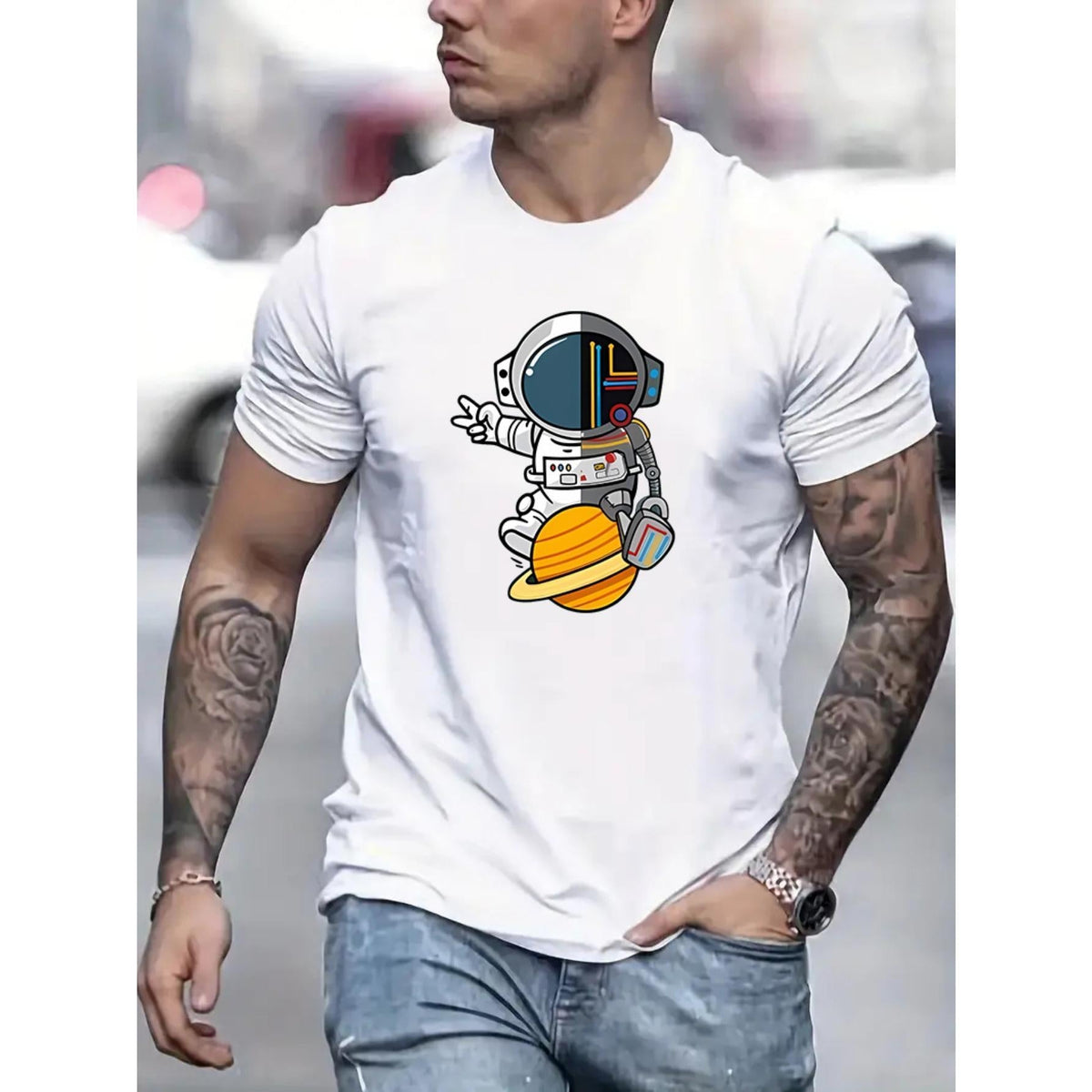 Men'S Casual Stylish Round-Neck Print Short-Sleeve T-Shirt Featuring a Cartoon Astronaut